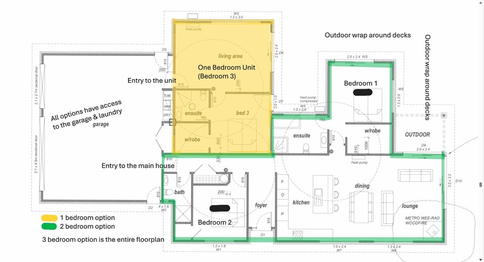 Floor Plan of entire house. 3 options available.  Please reach out if you would like to book the 1 or 2 bedroom options