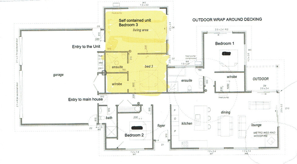 Floor Plan of entire house. Highlighted area showing the 1 bedroom unit which is available to book on its own.